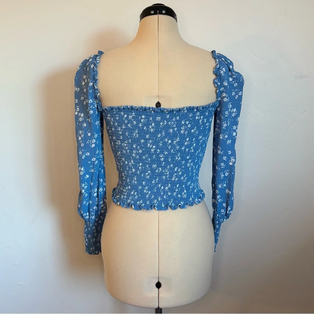 Reformation Pinto Top in Lassen Blue, Smocked, Puff Long Sleeve Dainty Floral, S